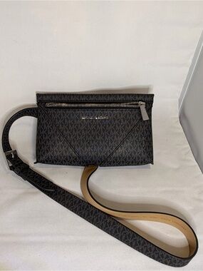 Michael Kors Black Monogram Belt Bag with Tan Strap L/XL